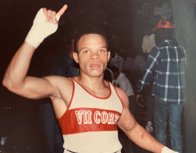 Okera Anyabwile as an Army boxer in 1988. Anyabwile is now a colonel and serves as the director of the Strategic Simulations Division at the U.S. Army War College. 