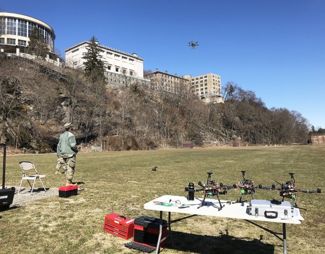 West Point Radiation Assessment and Tracking Hive (WRATH) team designed and demonstrated a multi-Unmanned Aircraft Systems system to aid in forensic analysis of a post nuclear blast environment. In this 2019 photo, a cadet completes a test flight...
