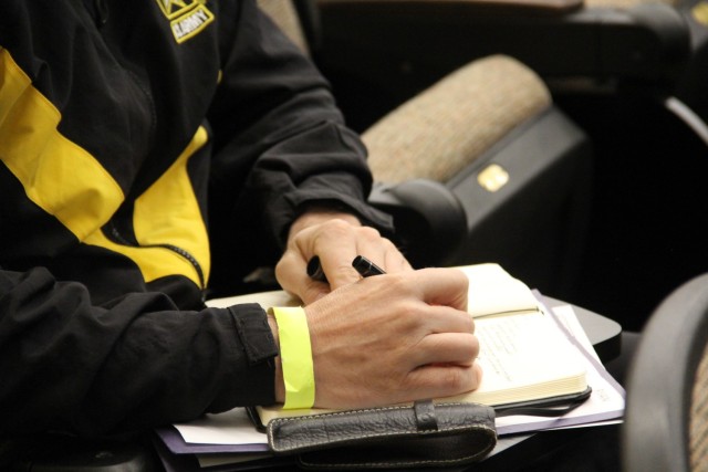A candidate writes notes during the welcoming remark at the Battalion Commander Assessment Program (BCAP) on Nov. 4, 2020 at Fort Knox, Ky. BCAP is a five-day assessment to determine officers’ readiness for command. The results of BCAP inform the selection of officers for battalion command and key billets.