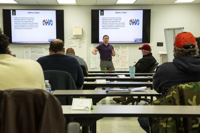 Tad Carter, an Anniston Army Depot training specialist, discusses the necessary leadership tools with supervisors during the installation's second Foundational Leadership Training course, held earlier this month.