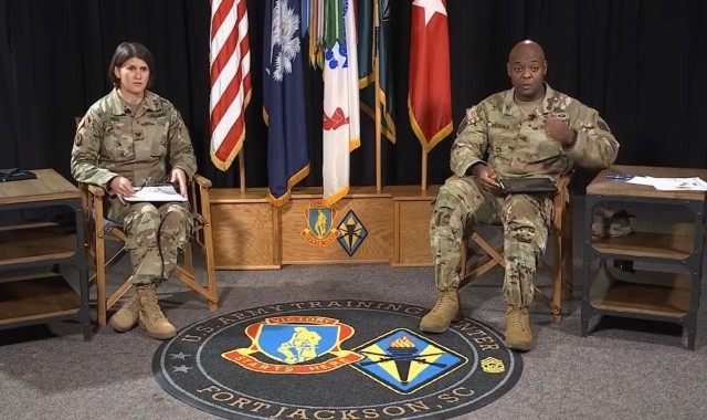 Col. Tara Hall, Moncrief Army Heath Clinic commander, left, and Fort Jackson commander Brig. Gen. Milford H. “Beags” Beagle Jr. discuss the
vaccine during a virtual town hall Jan. 14. (Screenshot)