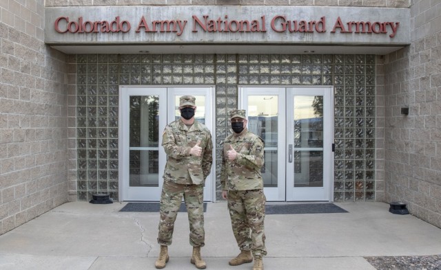 Army Col. Mike Hatfield and Command Sgt. Maj. John Robinson, the command team of the 100th Missile Defense Brigade, after receiving the first round of the COVID-19 vaccine at Buckley Air Force Base, Colorado, Jan. 13, 2021. Members of the 100th...