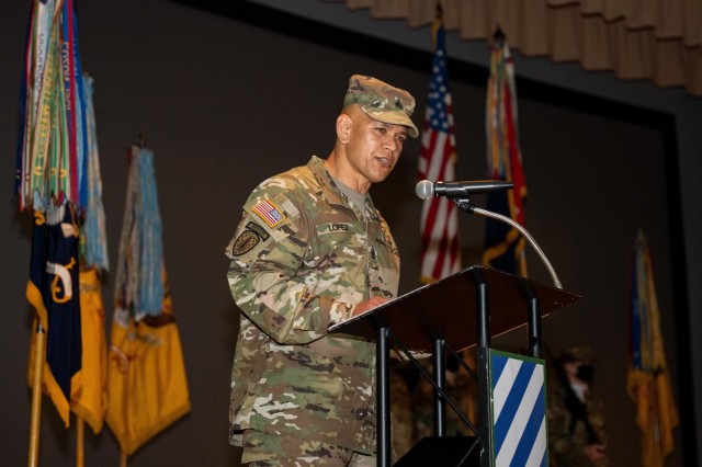 Incoming senior enlisted advisor, Command Sgt. Maj. Jaime Lopez of the 2nd Armored Brigade Combat
Team, 3rd Infantry Division, gives his remarks during a change of responsibility ceremony, Jan. 22, 2021,
at Woodruff Theater on Fort Stewart, Georgia. (U.S. Army photo by Spc. Devron Bost)