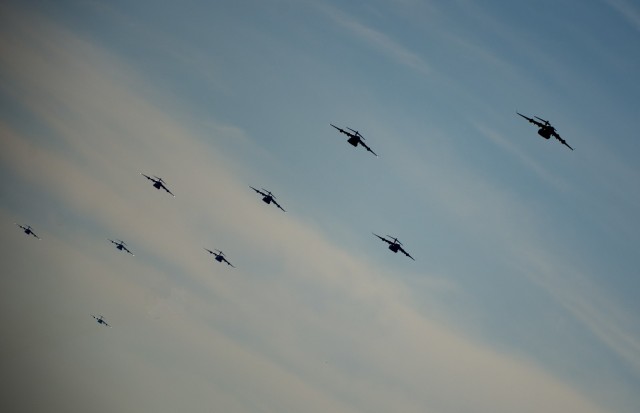 Nine C-17 Globemaster III aircraft perform a large formation exercise  at Joint Base Charleston, S.C. The large formation exercise provided more than 500 operational and maintenance training objectives and demonstrated the U.S. Air Force&#39;s...