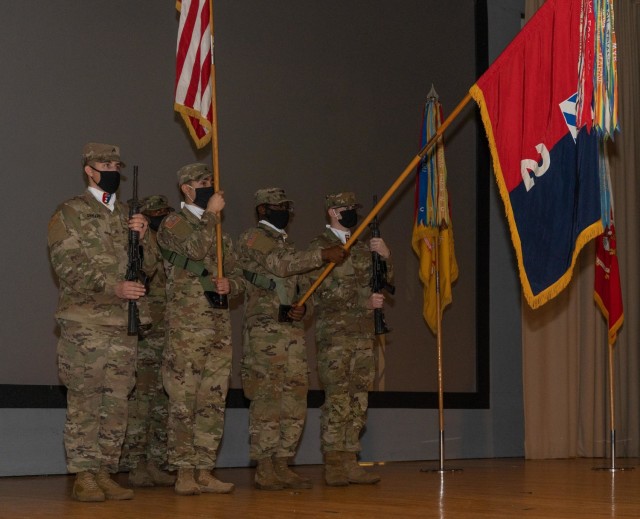 Soldiers from the 2nd Armored Brigade Combat Team, 3rd Infantry Division, stand at attention during a
change of responsibility ceremony, Jan. 22, 2021, at Woodruff Theater on Fort Stewart, Georgia. (U.S.
Army photo by Spc. Devron Bost)