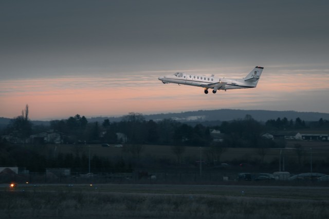 A UC-35 fixed-wing jet from the 12th Combat Aviation Brigade, Wings of Victory, takes off from Wiesbaden Army Airfield for a support mission to Romania on Jan. 14. (U.S. Army photo by Maj. Robert Fellingham)