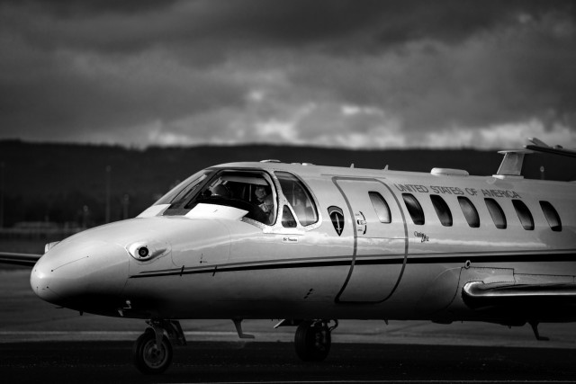 A UC-35 fixed-wing jet from the 12th Combat Aviation Brigade, Wings of Victory, arrives at Wiesbaden Army Airfield after a routine support mission on Jan. 13. (U.S. Army photo by Maj. Robert Fellingham)