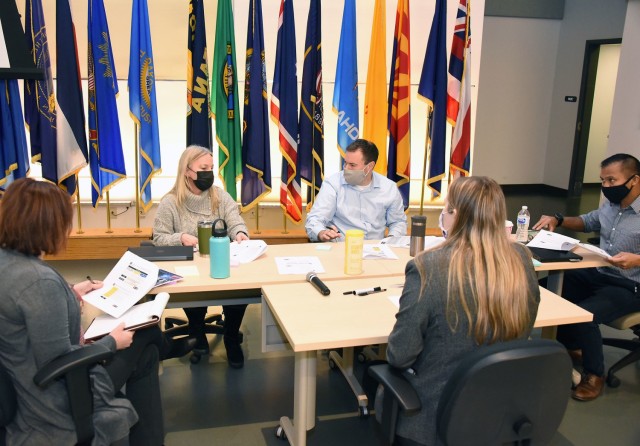 Leaders at the U.S. Army Medical Materiel Agency brainstorm ideas during a strategy workshop meeting on Jan. 20 at Fort Detrick, Maryland.