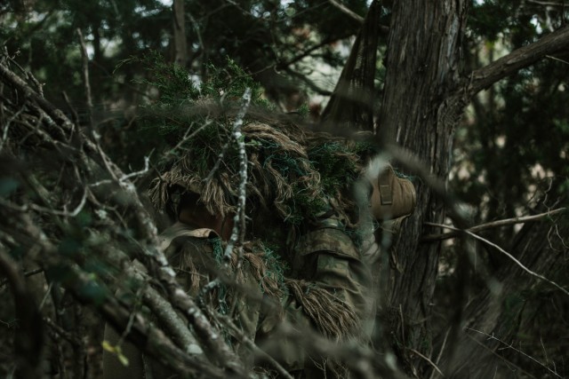 Cpl. Dalton Palmer, a Sniper with 1st Battalion, 12th Cavalry Regiment, 3rd Armored Brigade Combat Team, 1st Cavalry Division, looks to spot an enemy during a movement, cover, and concealment training exercise, Fort Hood, Texas, Jan. 20, 2021....