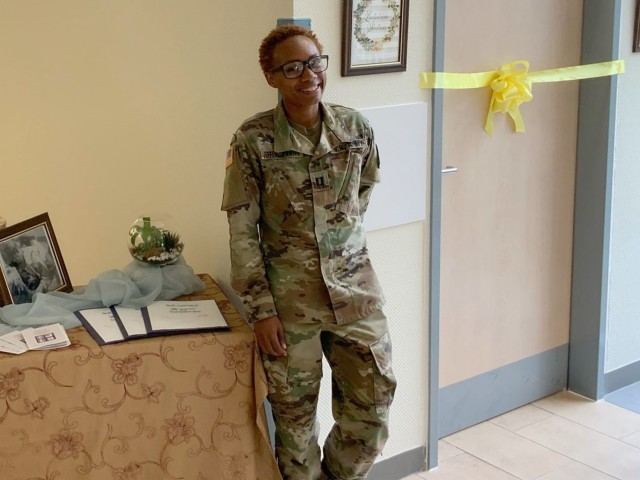 Capt. Ashley Jefferson-Watts, a clinical nurse and officer in charge of the primary care clinic at U.S. Army Health Clinic Grafenwoehr, poses for a photo at the ribbon cutting ceremony at the clinic's lactation room in Aug. 2020.