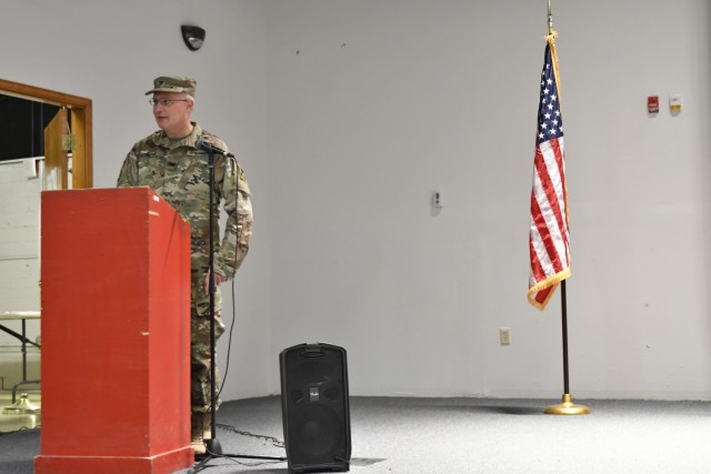 Col. Duane Burk, incoming commander of the Fort Bliss Mobilization Brigade, addresses the audience during a socially distanced transfer of authority ceremony, Jan. 25, 2021, at Sage Hall, Fort Bliss, Texas. The 647th Regional Support Group assumed authority of the Fort Bliss Mobilization Brigade. (U.S. Army photo by Capt. Brandon D. Fambro)