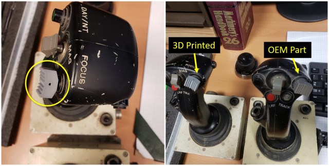 On the left, the Common Remotely Operated Weapons Station (CROWS) control grip focus switch broke and was 3D printed in 45 minutes after 30 minutes design time.  The 3D printed switch was used as a temporary fix until the OEM control grip was ordered and received.  The image on the right compares the 3D printed and OEM parts.