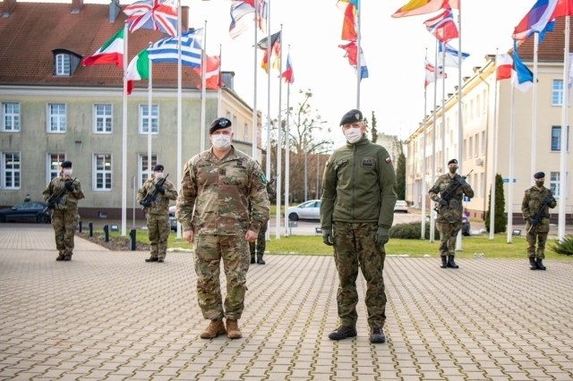 SZCZECIN, Poland (January 22, 2021) – Allied Land Command Commander, U.S. Army Lt. Gen. Roger Cloutier (left) and Multinational Corps Northeast Commander, Polish Army Lieutenant General Sławomir Wojciechowski, take part in the official arrival...