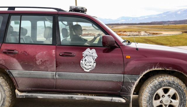 Baylee Uscier, a U.S. military police investigator assigned to Regional Command-East, Kosovo Force 28, responds to a joint force protection exercise at Camp Bondsteel, Kosovo, on Jan. 23, 2021. A mock vehicle-borne improvised explosive device was...