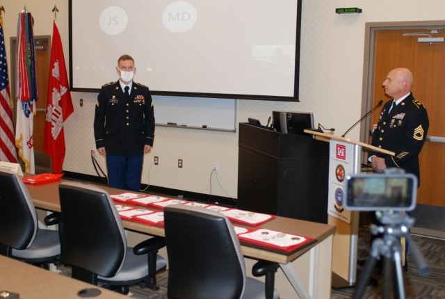 Sgt. Robert Keys, U.S. Army Prime Power School graduate and the class recipient of the Sapper Spirit Award, introduces himself during a virtual graduation ceremony held at the Digital Training Center in Fort Leonard Wood, Mo., Dec. 15, 2020....