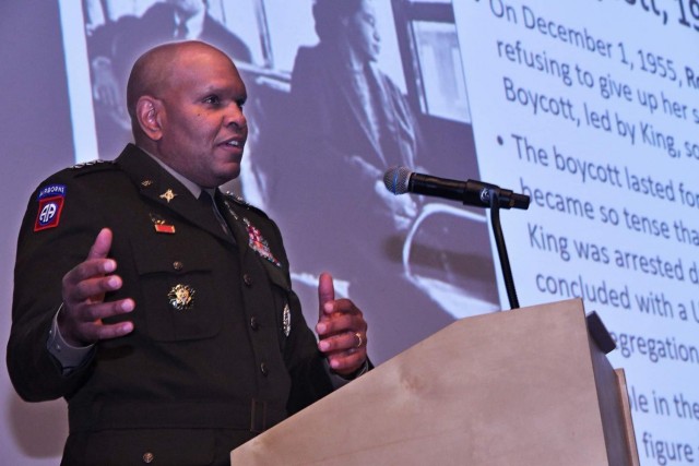 Lt. Gen. Leslie C. Smith, Army Inspector General, offers remarks during the annual MLK observance at Fort Lee, Virginia.