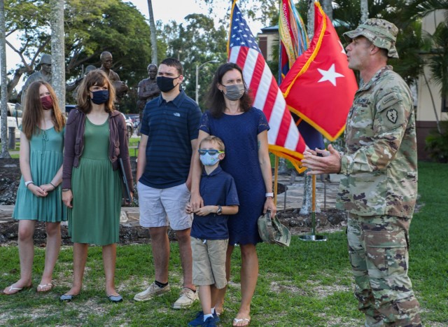 Col. Joshua Gaspard, G3 operations officer, 25th Infantry Division, standing next his wife and children after getting promoted to coronel gives a speech to thank everyone who showed up to his promotion on Schofield Barracks, Hawaii, Nov. 13  2020. Gaspard is one of the first officers in the U.S. Army to get a brevet promotion in over 100 years. When asked about how it feels to be promoted to a colonel, Gaspard jokingly states “I don’t feel like a colonel because colonels are old, and I’m not old.”