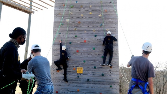 Soldiers in the 75th Field Artillery Brigade compete against one another as they climbed up a ropes course in Sulphur, Oklahoma. The Soldiers also had teammates on the ground who acted as belay, ensuring their safety. The Soldiers went on a...