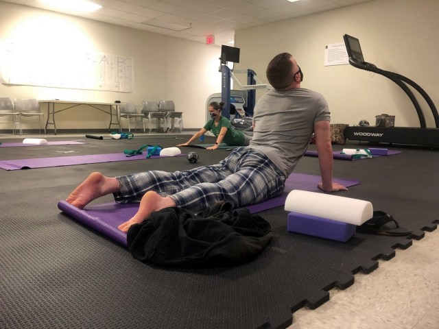 On Dec. 4, 2020, Soldiers assigned to the Fort Bragg Soldier Recovery Unit, N.C, took a new yoga class at the adaptive reconditioning program gym. (U.S. Army photo courtesy Dean Bissey)