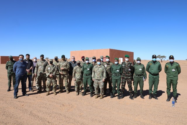 Planners for exercise African Lion 21 gather for photo opportunity during a site survey in Morocco Jan. 20, 2021. Scheduled for June, African Lion, U.S. Africa Command's largest exercise, has increased interoperability among U.S. partners and Allies since 2003. Plans for AL21 involve more than 10,000 troops from the United States, Morocco, Tunisia, Senegal and elsewhere. The global COVID-19 pandemic curtailed the previous year's exercise. Plans for AL21 include COVID-19 mitigations and flexible options to ensure maximum participation and value for participating countries. (U.S. Army photo by Maj. Cain S. Claxton/Southern European Task Force, Africa)