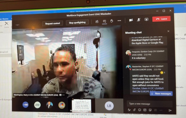 WIESBADEN, Germany – From his office, Col. Mario Washington, U.S. Army Garrison Wiesbaden commander, answers questions about the COVID-19 vaccination rollout at the virtual workforce engagement meeting Jan. 22, 2021.