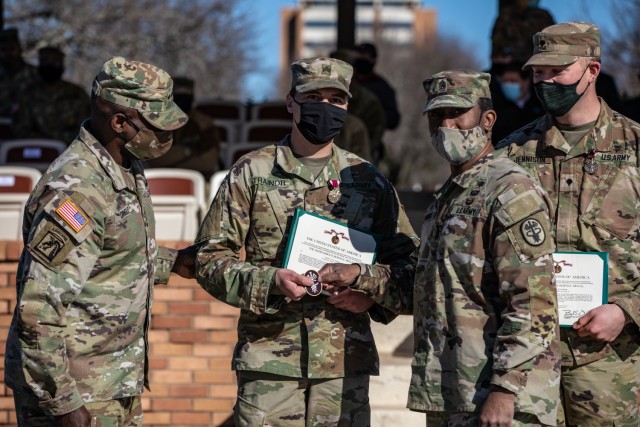 U.S. Army Sgt. Tyrel Trainor of the 4th Infantry Division, is awarded the Meritorious Service Medal for finishing in 1st place during the 2021 Command Sgt. Maj. Jack L. Clark, Jr. U.S. Army Best Medic Competition (ABMC) on Fort Gordon, Ga., Jan....