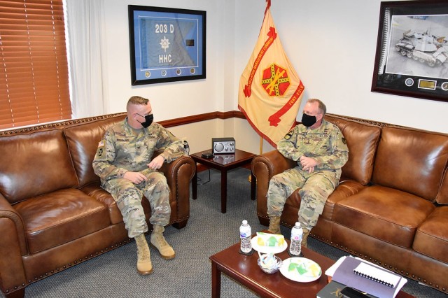 Lt. Gen. Douglas Gabram (right), Commanding General, U.S. Army Installation Management Command, visits Fort Polk’s Garrison Commander, Col. Ryan Roseberry (left), during an office call Jan. 26.