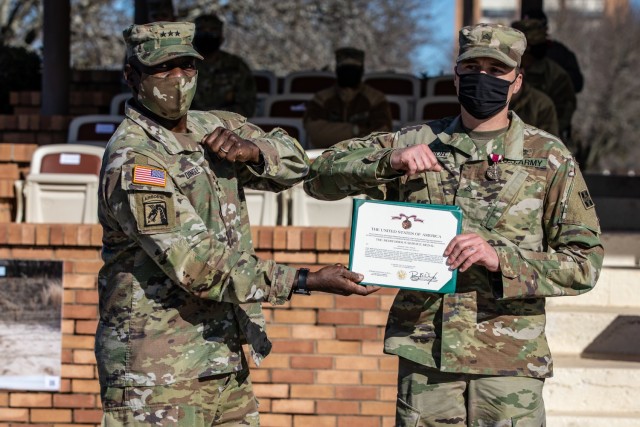 U.S. Army Sgt. Tyrel Trainor of the 4th Infantry Division, is awarded the Meritorious Service Medal for finishing in 1st place during the 2021 Command Sgt. Maj. Jack L. Clark, Jr. U.S. Army Best Medic Competition (ABMC) on Fort Gordon, Ga., Jan....