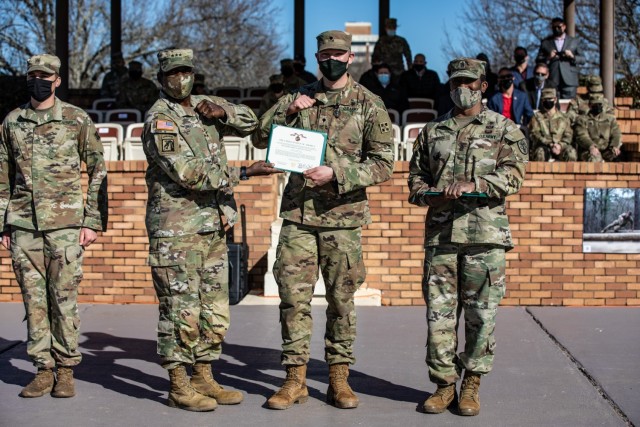 U.S. Army Sgt. Tyrel Trainor and Spc. Anchor Jennison of the 4th Infantry Division, are awarded the Meritorious Service Medal for finishing in 1st place during the 2021 Command Sgt. Maj. Jack L. Clark, Jr. U.S. Army Best Medic Competition (ABMC)...