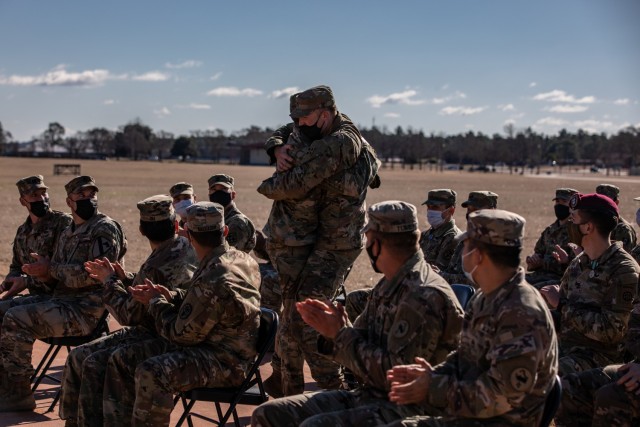 U.S. Army Sgt. Tyrel Trainor and Spc. Anchor Jennison of the 4th Infantry Division, celebrate their finishing 1st place in the 2021 Command Sgt. Maj. Jack L. Clark, Jr. U.S. Army Best Medic Competition (ABMC) on Fort Gordon, Ga., Jan. 28, 2021. To...