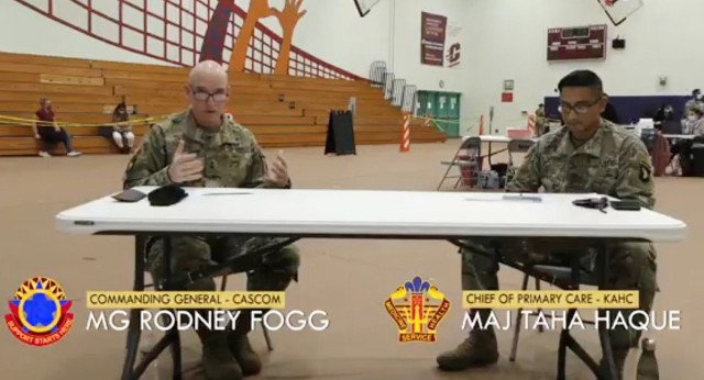 Maj. Gen. Rodney D. Fogg, CASCOM and Fort Lee commanding general, and Maj. Taha Haque, chief of Primary Care at Kenner Army Health Clinic, discuss various topics about the COVID-19 vaccine during the recording session for a PSA that will be...