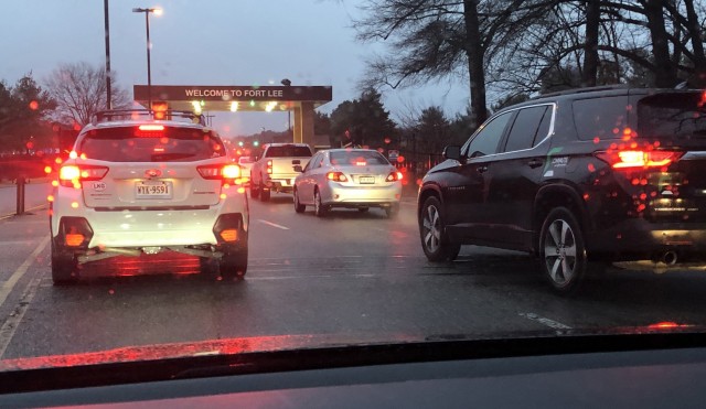 A line of vehicles accumulates at Fort Lee’s Sisisky Avenue Access Control Point on a rainy Jan. 26 morning. After reported incidents of speeding and inattentiveness, post leaders are emphasizing safety as motorists enter and leave the...