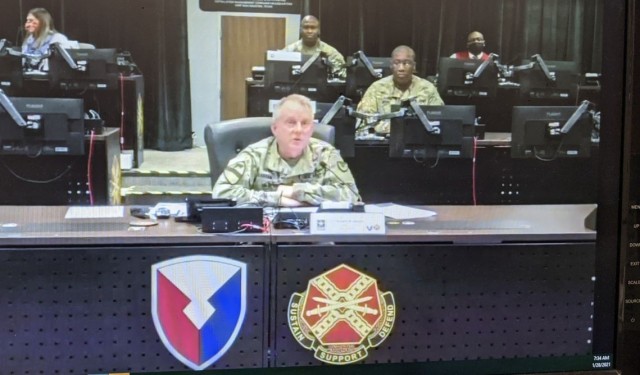 Lt. Gen. Douglas M. Gabram speaks to almost 1,000 personnel regarding the Stalwart Awards, Jan. 28.