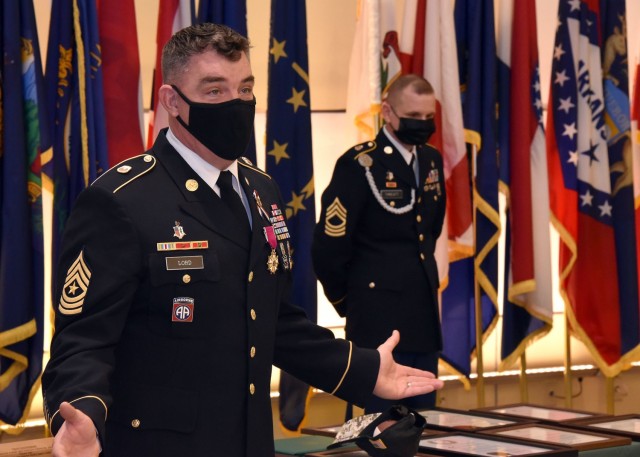Sgt. Maj. Corey A. Lord speaks during his retirement ceremony on Jan. 29 at Fort Detrick, Maryland. Lord retires after 30 years of service to the U.S. Army, including his final stints with Army Medical Logistics Command and the U.S. Army Medical Materiel Agency.