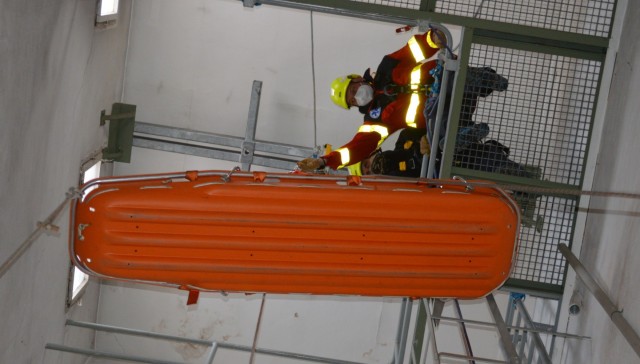 A U.S. Army Garrison Ansbach firefighters train on multi-story rescues at the Katterbach Fire Station Jan. 25, 2021.  U.S. Army Garrison Ansbach Directorate of Emergency Services firefighters who were selected as the Installation Management...