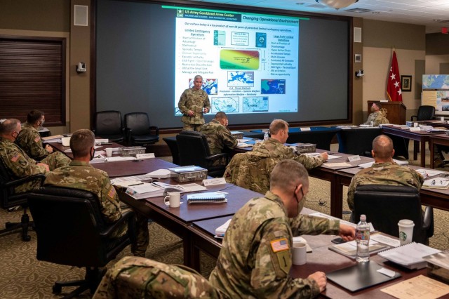Col. Richard Creed (center), U.S. Army Combined Arms Doctrine Directorate, briefs general officers attending the Army Strategic Education Program-Command (ASEP-C) course at the Lewis and Clark Center, Fort Leavenworth, Kansas, Jan. 25, 2021. The ASEP-C course is designed for general officers selected for one and two star command assignments to develop and enhance their leadership capabilities.