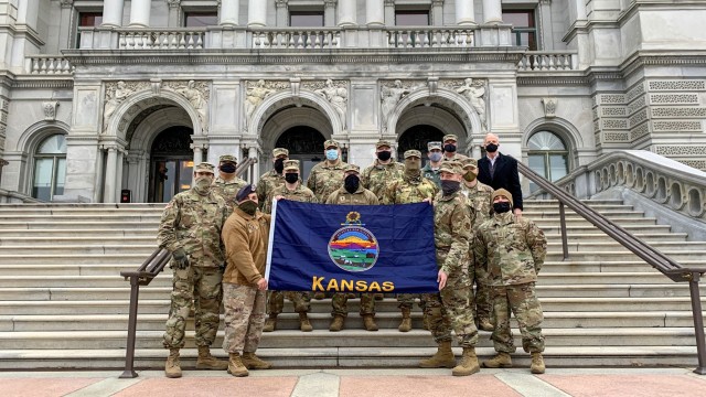 Kansas National Guard Soldiers and Airmen pose with Jerry Moran, U.S. Senator for Kansas, when he greeted them Jan. 24 in front of the U.S. Capitol in Washington, D.C. More than 250 Kansas National Guard Soldiers and Airmen travelled to D.C. Jan....