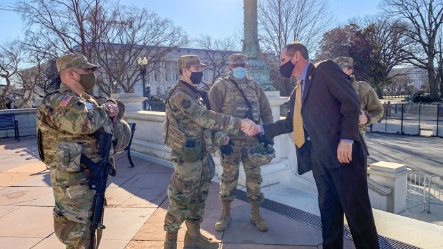 Kansas National Guard Soldiers and Airmen meet with Tracey Mann, Kansas First Congressional District representative to the U.S. House of Representatives, when he greeted them Jan. 21 at the U.S. Capitol in Washington, D.C. More than 250 Kansas...