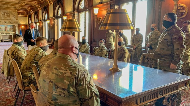 Kansas National Guard Soldiers and Airmen meet with Roger Marshall, U.S. Senator for Kansas, when he greeted them Jan. 24 at the Library of Congress in Washington, D.C. More than 250 Kansas National Guard Soldiers and Airmen travelled to D.C. Jan....