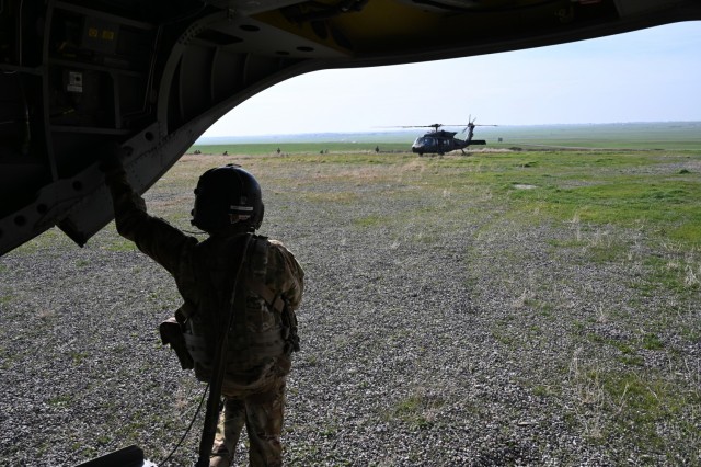 U.S. Soldiers with Task Force Gambler and Italian soldiers with Airmobile Task Group Griffon respond to a downed aircraft scenario during an aerial reaction force exercise. The exercise ensured the coalition partners’ cohesiveness in responding...