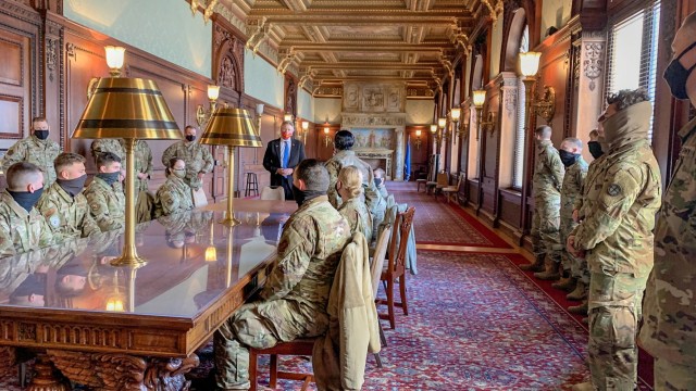 Kansas National Guard Soldiers and Airmen meet with Roger Marshall, U.S. Senator for Kansas, when he greeted them Jan. 24 at the Library of Congress in Washington, D.C. More than 250 Kansas National Guard Soldiers and Airmen travelled to D.C. Jan....
