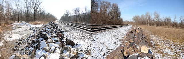 Views of the railroad tracks running south and north were taken Jan. 29 from the same location looking both directions to show how fill dirt was added to the north side as a stopgap measure in case more flood water comes in before more permanent...