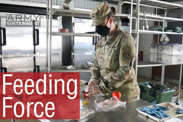 U.S. Army Sgt. Karina Micahel, a culinary specialist assigned to 2nd Cavalry Regiment, 7th Army Training Command, prepares meals for U.S. Army Soldiers assigned to the 101st Combat Aviation Brigade, 101st Airborne Division, at Grafenwoehr Training Area to support Atlantic Resolve in Germany, June 23, 2020. 101st CAB deployed, as the sixth rotation of an aviation brigade, to Europe for a nine-month rotation as part of the regionally allocated forces supporting Atlantic Resolve. 101st CAB will spend two weeks at GTA in group isolation to prevent and mitigate the spread COVID-19 before moving to forward locations alongside allies and partners. 