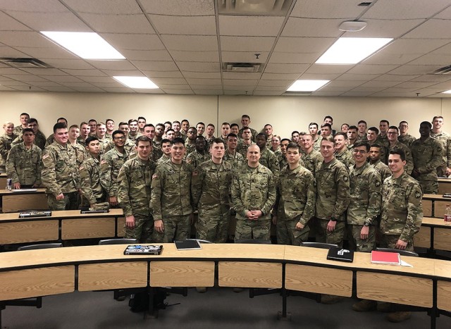 Command Sgt. Maj. Sam Crislip poses with West Point cadets he taught during the Information Technology course, focusing on cyber policy, strategy and operations. He used his knowledge and experience to illustrate how cyber was applicable to their...