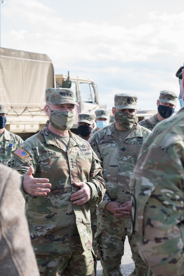 Gen. Ed Daly, Commanding General, Army Materiel Command, and AMC’s Command Sgt. Maj. Alberto Delgado speak with Ft. Hood sustainers at the new Modernization Displacement and Repair Site Nov. 2.  Future Army operations will depend on modernized...