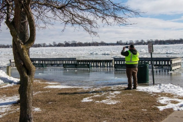 U.S. Army Corps of Engineers, Detroit District, field team member Hydraulic Technician Jon DePhillips documents St. Clair River ice jams on the St. Clair River near Marine City, Michigan, February 3, 2021. Using strategically placed water...