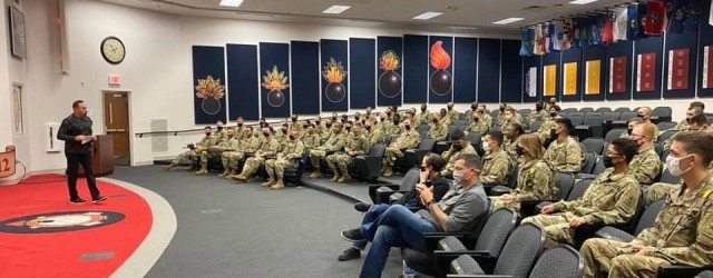 Master Sgt. (retired) Anthony Rosa speaks to a group of trainees from Charlie Company, 16th Ordnance Battalion about Veteran suicide and mental health at Fort Lee, Virginia