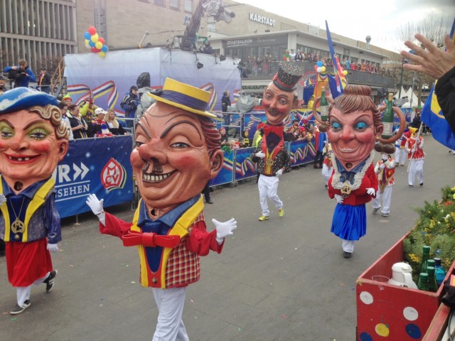 “Schwellkoepp” (swollen heads), which are large heads modeled after famous characters from Fasching history, are worn on the parade route in Mainz during the Rose Monday (Rosenmontag) Parade in 2017.