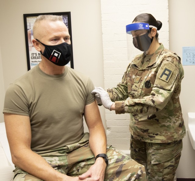 Lt. Gen. Thomas James Jr., First Army commanding general, prepares to receive the first dose of the COVID-19 vaccine at the Rock Island Arsenal Health Clinic Thursday, January 14, 2021. (Photo by Warren Marlow, First Army)