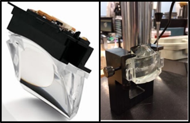 Prism eyepiece integrated with organic light-emitting diode micro-display electronics (left) and mounted in a test fixture (right) used to evaluate performance. 